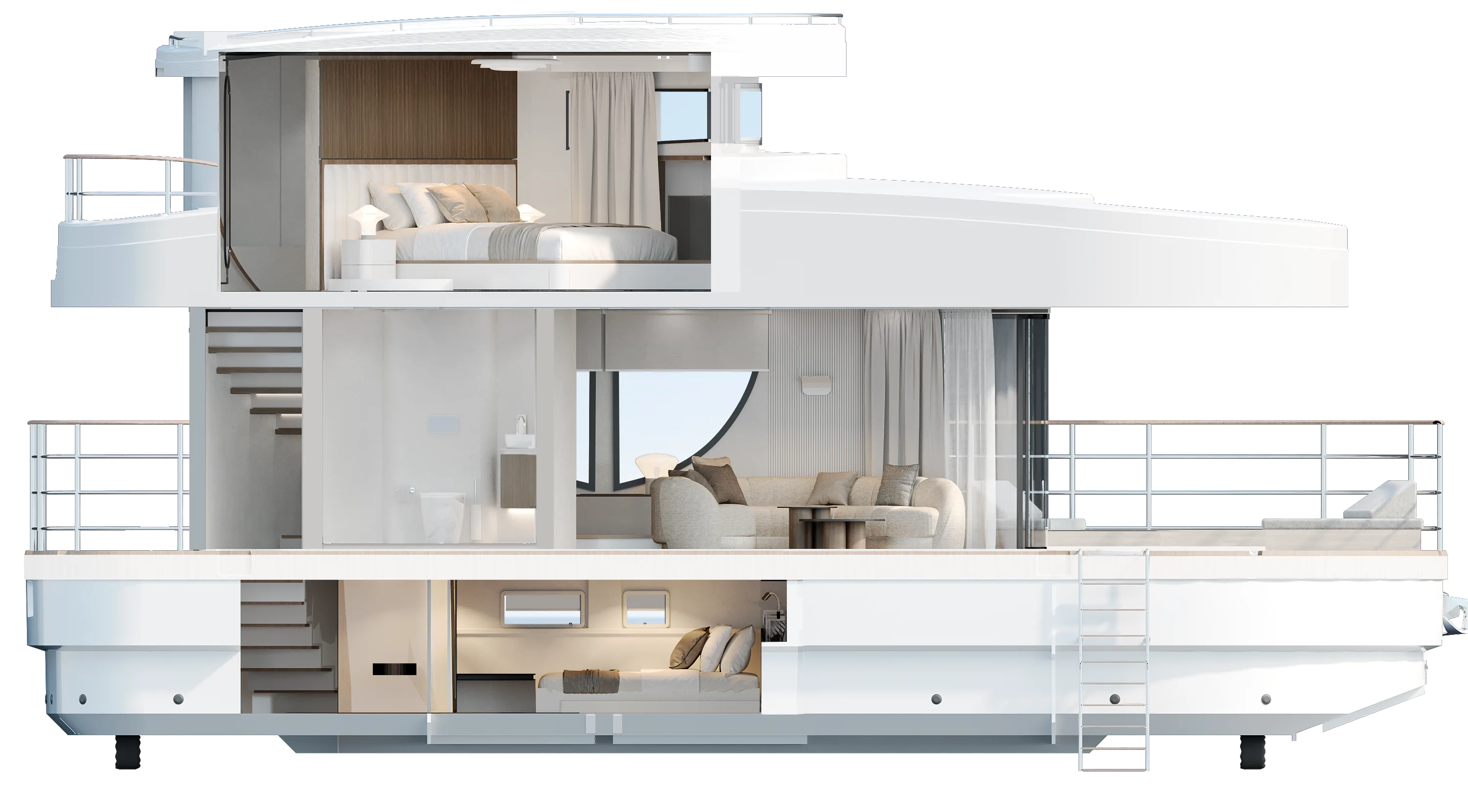 Section looking to port, bow to the right: the bedroom on the upper deck; the staircase, bathroom and saloon on the main deck; a staircase and a second bedroom inside the hull