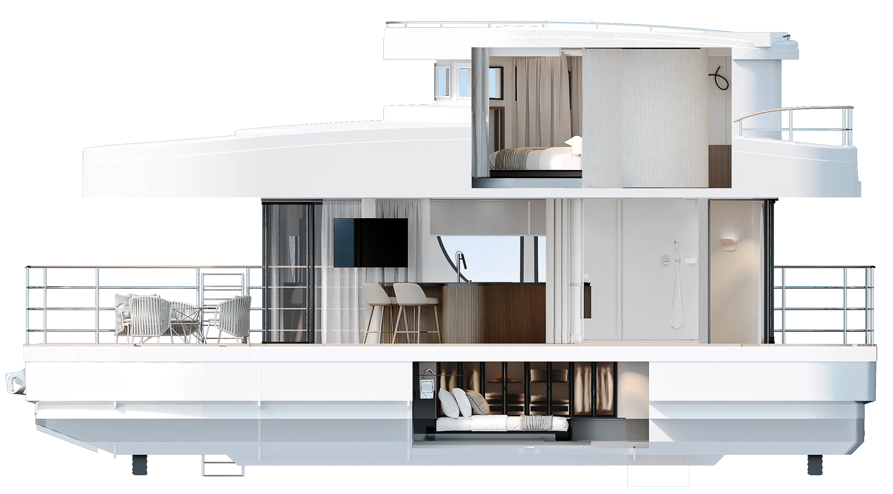 Section looking to starboard, bow to the left: the bedroom and balcony on the upper deck; the front deck, kitchen, bathroom and entrance on the main deck; the second bedroom inside the hull